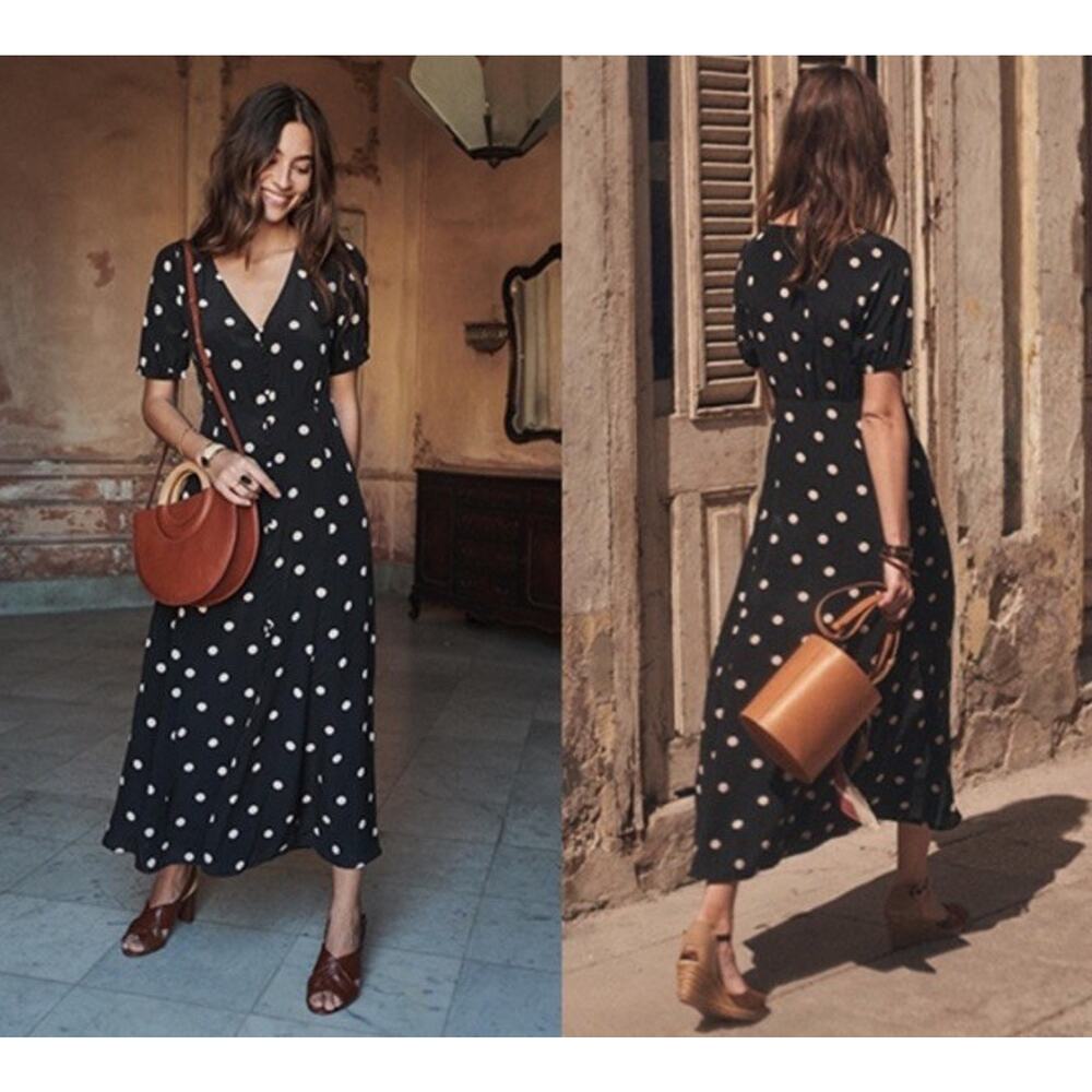 NWT Sezane Silk Polka Dot Midi Dress Black Button Front Lined Size US 2 - Picture 6 of 9